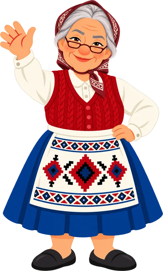 Baka, the Srpski grandmother, in a red headscarf and glasses, waving hello